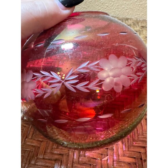 Vintage Cranberry Red Floral Etched Glass Bowl - Picture 4 of 5